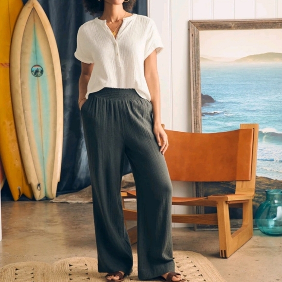 Faherty Pants - FAHERTY Charcoal‎ Dream Cotton Double Gauze Wide Leg Pull-On Pants Women's SZ M
